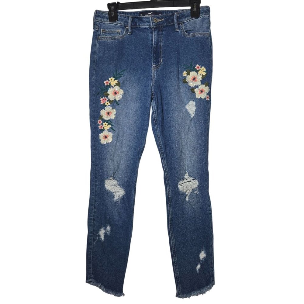 Hollister Womens Floral Embroidered Super Skinny Crop Denim Blue Jeans Size 7R